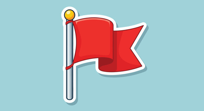 A vibrant digitally illustrated red flag waving on a silver flagpole against a light blue background