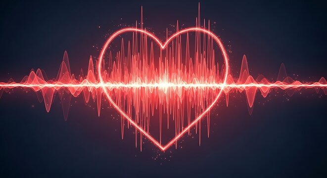 Glowing red heart outline with overlaid soundwave, vibrant, on dark background