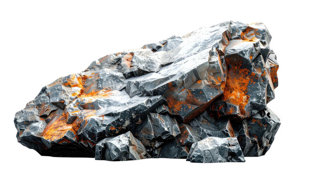 Jagged, gray rock with rusty orange patches, against a black backdrop