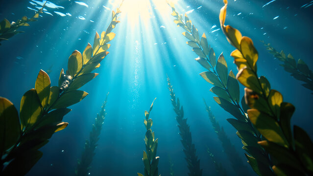 Underwater view of green and brown kelp in deep blue water. Sunlight shafts penetrating the ocean surface. World Oceans Day concept