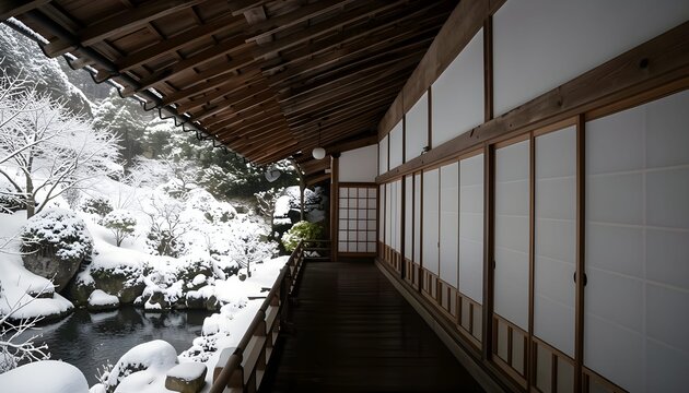 View from a balcony overlooking a snow-covered mountain on the right, with traditional Japanese-style buildings in the foreground. The scene captures a peaceful winter atmosphere, blending natural bea