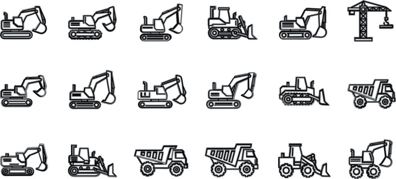 Construction machinery icon collection with excavators, loaders and dump trucks, clean line vector set for building, engineering, heavy equipment and industrial design