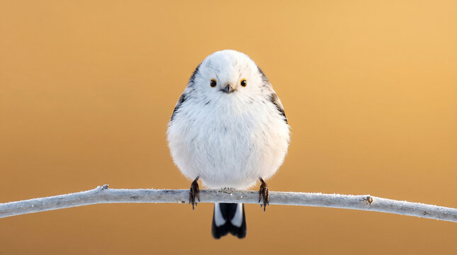 Charming Shima Enaga, a tiny fluffy long-tailed tit, perched delicately on a slender branch in soft golden light, highlighting its pure white plumage