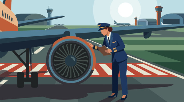 Female Pilot Inspecting Airplane Engine on Airport Tarmac