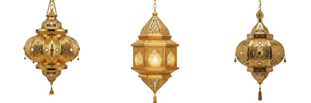 Ornate Golden Arabic Lanterns and Traditional Islamic Hanging Lamps Isolated on White Background, Set of Three Realistic Ramadan Fanous for Middle Eastern Decor and Festive Celebrations