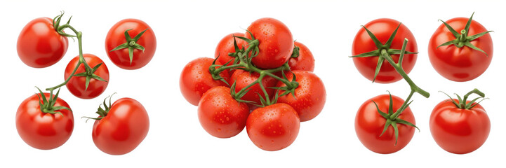 Fresh Red Cherry Tomatoes on Green Vines and Stalks Isolated on White Background, Group of Organic Ripe Tomatoes, High Quality Macro Photography for Healthy Food and Cooking Design © SoYEEC