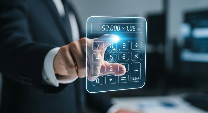 Financial calculation concept. A finance manager's hand touches a simple holographic calculator to perform an operation, focusing on clarity and function