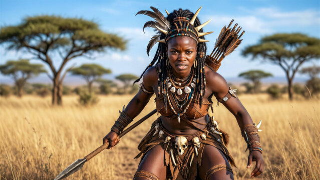 African warrior woman in traditional tribal clothing holding a spear in the savanna landscape