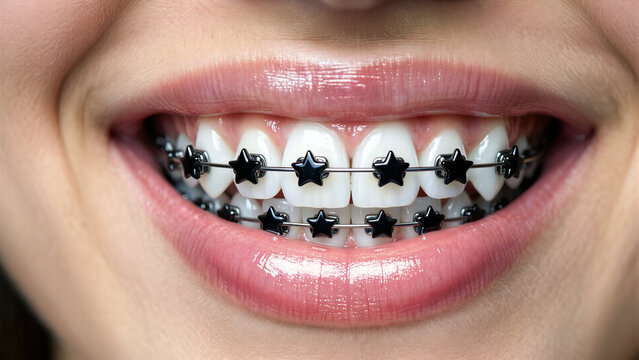 Smiling young woman with black star shaped dental braces on teeth
