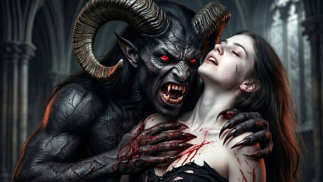Scary demon monster with large horns attacking terrified young woman in dark gothic cathedral