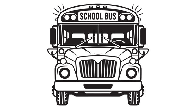 Black and white school bus illustration for back to school education and transportation themes