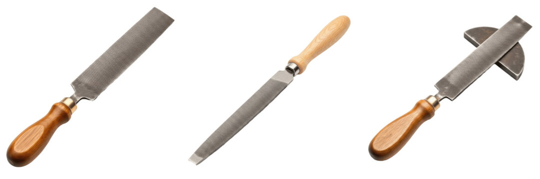 Professional Wood Rasp and Metal File Set with Ergonomic Wooden Handles Isolated on White Background, Essential Hand Tools for Woodworking, Carpentry, and Industrial Crafting Projects