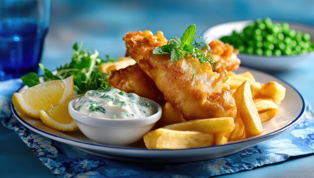 Delicious Crispy Fish and Chips Meal with Tartar Sauce and Peas.