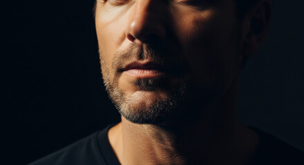 Fototapeta premium A close-up portrait of a man with a contemplative expression in a dark setting