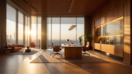 Fototapeta premium Elegant CEO office with premium wood interiors and golden hour sunlight overlooking the city.