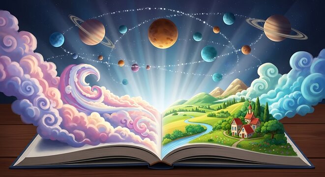Open storybook revealing a celestial universe and idyllic landscape with planets