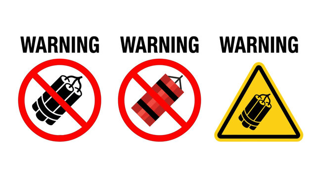 Set of Warning Signs for Explosives, Dynamites, and Prohibited Items on White Background