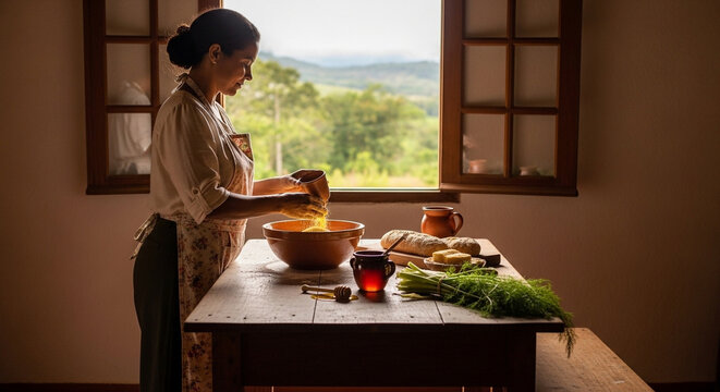 mulher preparando receita caseira do interior cozinha tradicional comida t&iacute;pica e cultura rural