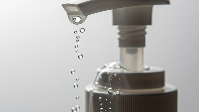 A close-up view of a dispenser pouring liquid soap into the air.