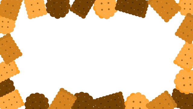 Chocolate cookies frame background. Cartoon biscuits border with copy space. Hand drawn sweet snack border template. Square and round biscuit frame