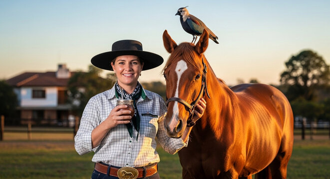 mulher com cavalo no campo tomando chimarr&atilde;o tradi&ccedil;&atilde;o ga&uacute;cha no rio grande do sul vida rural e cultura sulista