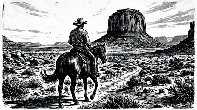 Cowboy riding horse in desert canyon landscape at sunset with dramatic lighting