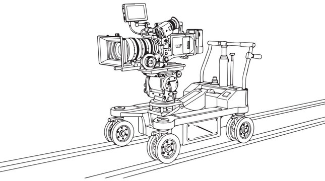 industrial film camera dolly on railroad tracks for cinematic production setup line art