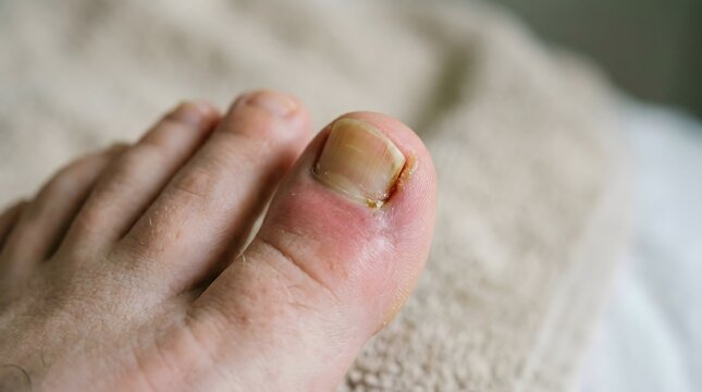 Macro photo of painful inflamed ingrown toenail on human big toe