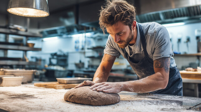 Young professional baker shaping brown dough in a commercial kitchen, showcasing artisan craftsmanship, food preparation, and authentic baking process.