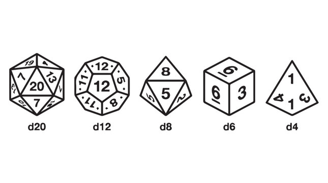Set of five polyhedral dice for tabletop games and role playing isolated on tansparent background