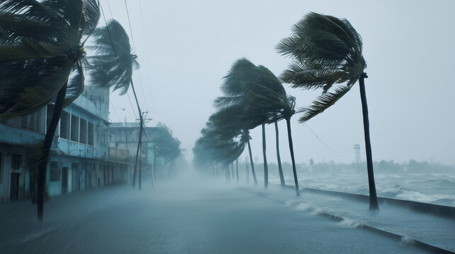 a hurricane storm surge flooding a coastal street, tall palm trees bending violently in the wind, heavy rain and sea spray reducing visibility, dark ocean water covering the road,