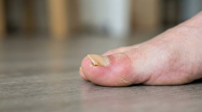 Medical close up of painful inflamed ingrown toenail on big toe