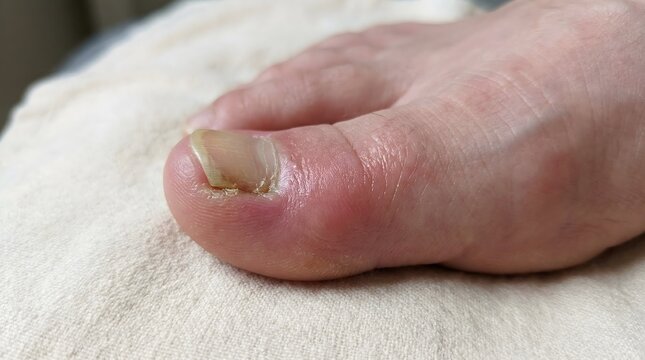 Inflamed ingrown toenail on a human foot with redness and swelling