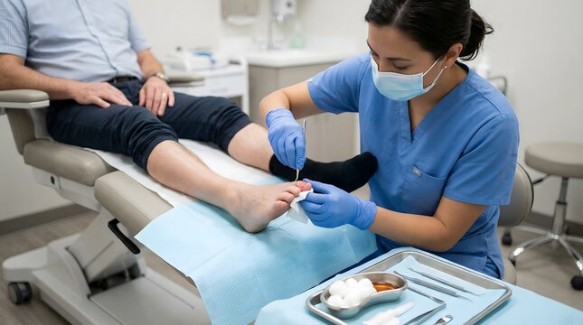 Professional podiatrist treating a painful ingrown toenail in clinic