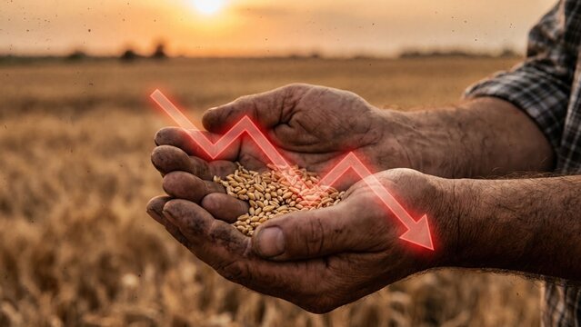 Farmer Holding Small Amount of Dry Wheat Grains with Red Downward Trend Graph Overlay