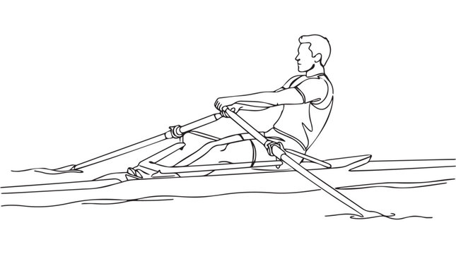 Man rowing single scull boat on calm water with dynamic motion sketch style illustration