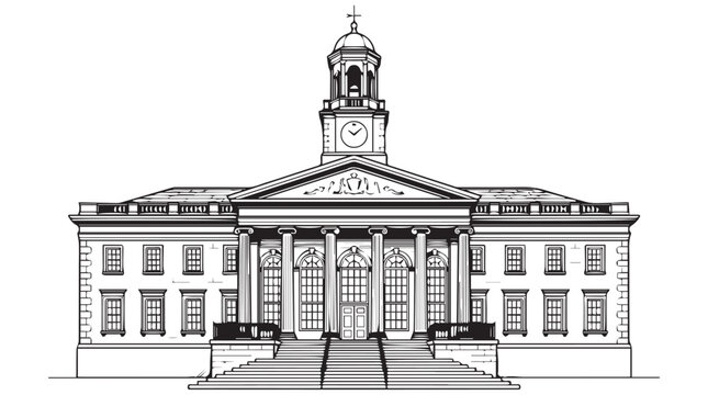 black and white line drawing of neoclassical courthouse building with clock tower and columns