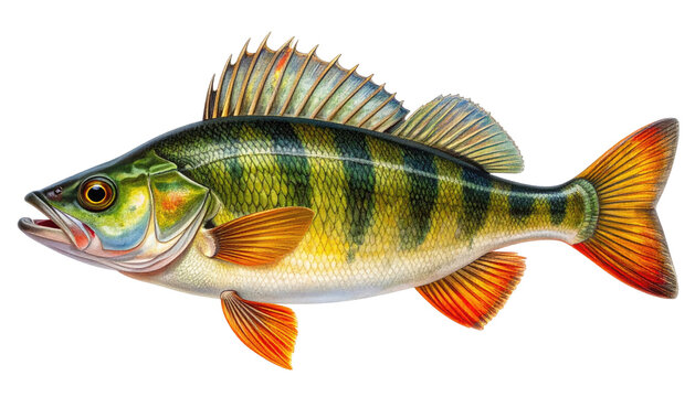Vivid illustration of a yellow perch fish with black stripes, side view