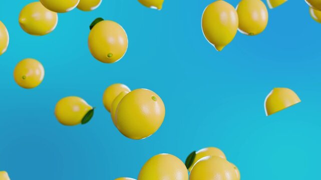 Falling fresh lemons on blue background, seamless slow motion loop