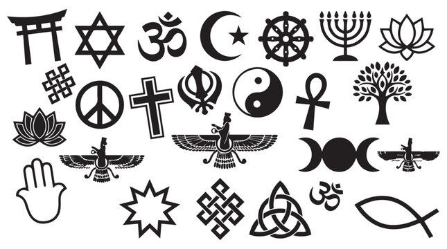 Collection of world religion symbols and spiritual icons in minimalist black and white vector illustration