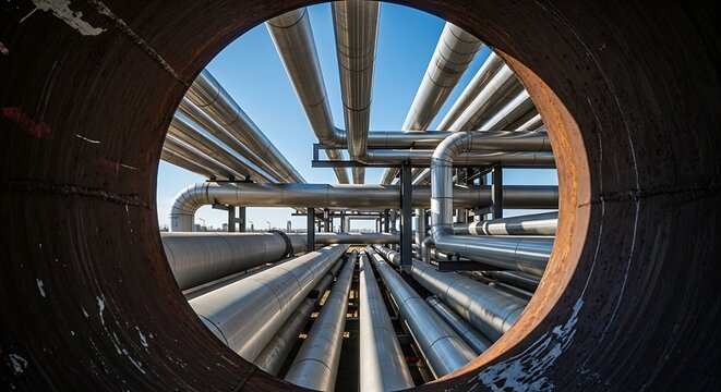 Steel pipes and tubes, seen through a large circular tunnel, against blue sky