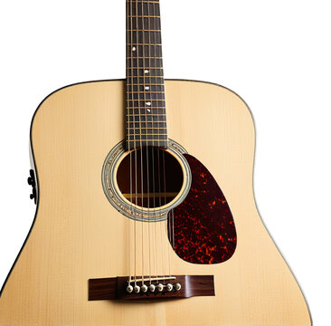 Close-up of a wooden acoustic guitar with a tortoise pickguard