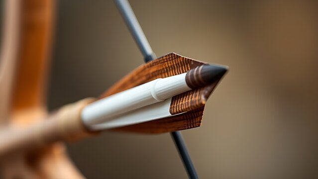 nock. Close-up of arrow nock groove on drawn bowstring, wood and feather textures. public awareness campaigns, NGO reports, designed for public awareness campaigns and NGO communications.