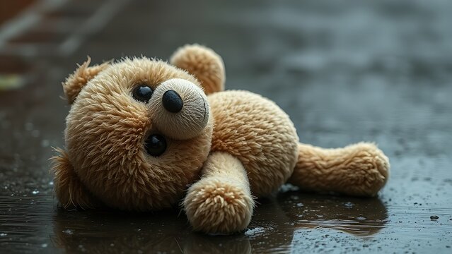 expropriated. A discarded plush toy lying in the rain with wet, matted fur, muted colors. lifestyle magazines, social media lookbooks, designed for lifestyle magazines and social media content.