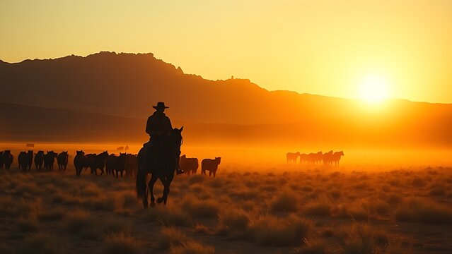 unanimity. A lone rider herds cattle across a vast desert ranch at dusk. wildlife magazines, conservation campaigns, designed for nature documentaries and education, celebrates biodiversity.