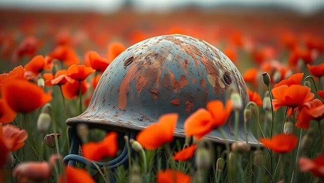 infamy. A rusted steel helmet among red poppies in a field. event programs, museum guides, cultural reports, designed for cultural heritage projects and event programs, used by retail merchandisers.