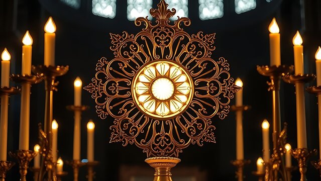 monstrance. Detailed golden monstrance glowing with warm light on a church altar. event programs, museum guides, designed for cultural heritage projects and event programs.