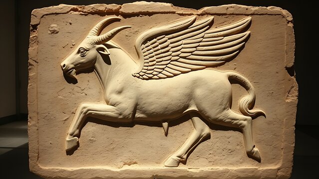 assyrian. Ancient Assyrian stone relief of winged bull, museum artifact detail. event programs, museum guides, designed for cultural heritage projects and event programs, supports education.