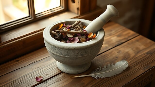 mandrake. Stone mortar with mandrake roots and petals on a wooden table. event programs, museum guides, designed for cultural heritage projects and event programs, elevates cultural identity.