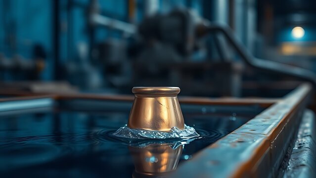 electrolytic. A copper part emerging from a blue electrolytic bath in an industrial setting. safety posters, maintenance manuals, designed for precision metalworking and fabrication facilities.